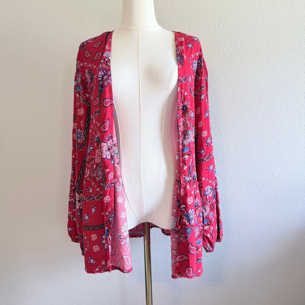 Cato Womens Plus 18/20W Red Paisley Floral Boho Kimono Cardigan Beach Coverup